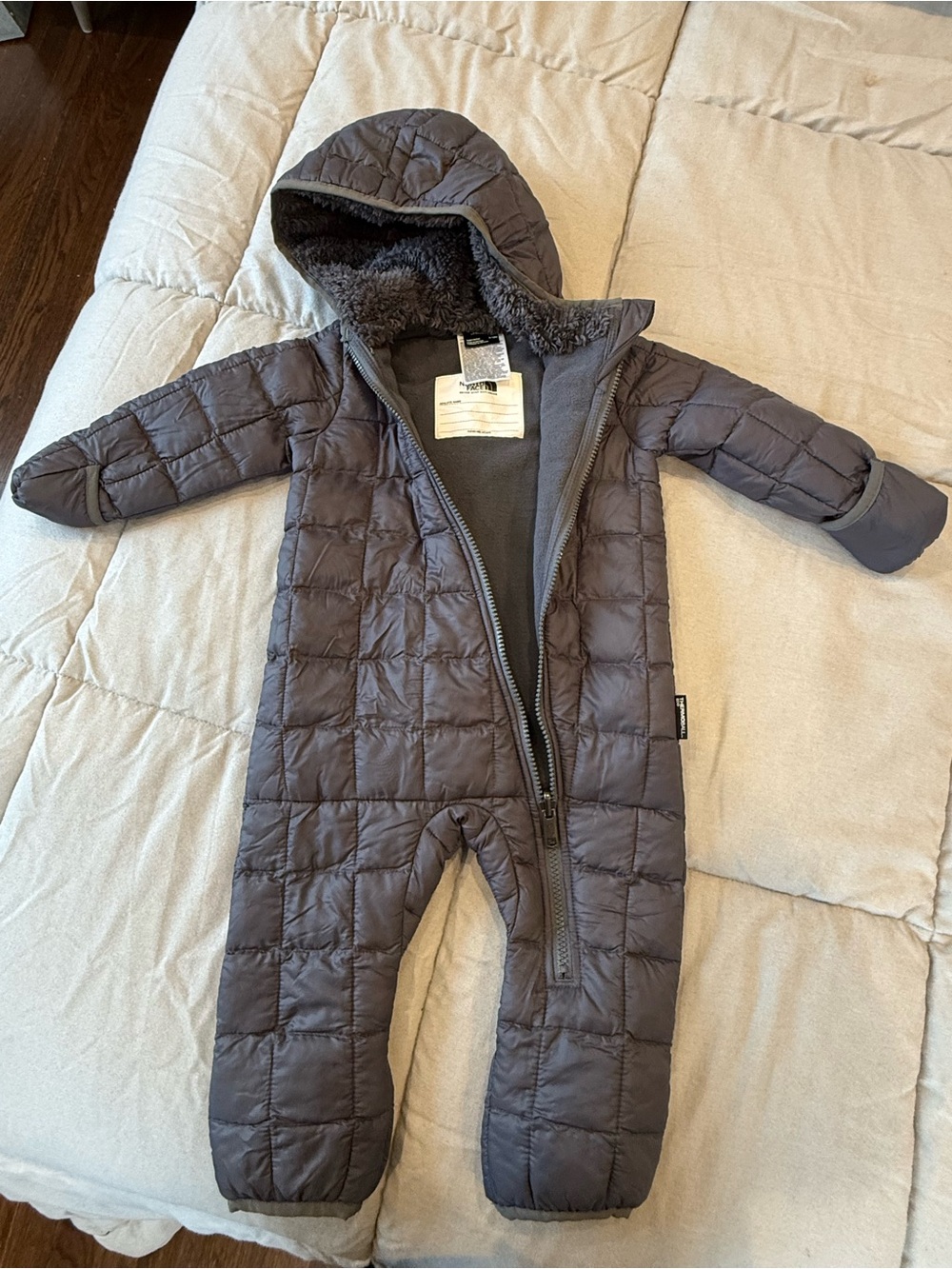 The North Face Gray Quilted Hooded One-Piece Footie
